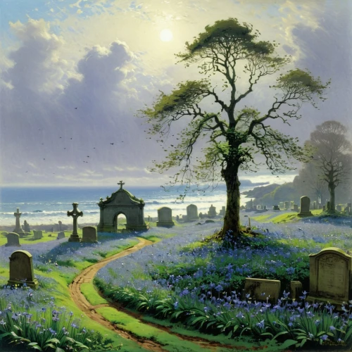 cemetery,necropolis,burial ground,central cemetery,bluebells,cemetary,old graveyard,forest cemetery,gravestones,australian cemetery,graveyard,train cemetery,early spring,rural landscape,spring morning,springtime background,resting place,old cemetery,lokfriedhof,tombstones,Art,Classical Oil Painting,Classical Oil Painting 32