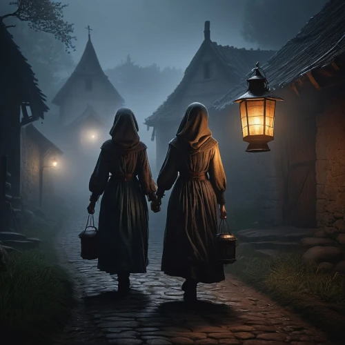 monks,pilgrims,medieval street,witches,nuns,lamplighter,candlemas,carolers,travelers,bremen town musicians,fantasy picture,the mystical path,night scene,pilgrimage,lanterns,wizards,villagers,nomads,celebration of witches,medieval,Illustration,Realistic Fantasy,Realistic Fantasy 17