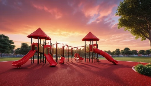 outdoor play equipment,playground slide,children's playground,playground,3d rendering,play area,playset,play yard,landscape red,swing set,red bench,crown render,urban park,render,3d render,teeter-totter,adventure playground,seesaw,climbing frame,play tower,Photography,General,Realistic