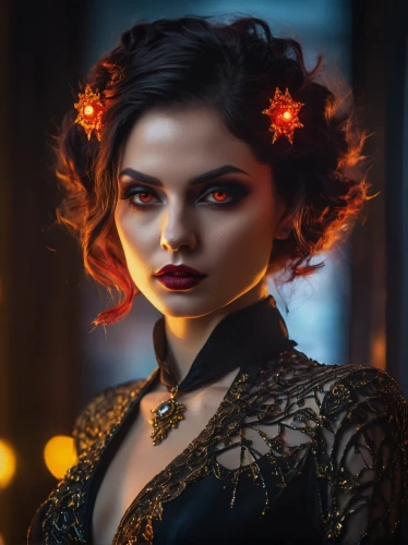 fantasy portrait,vampire woman,fire angel,romantic portrait,dodge warlock,vampire lady,sorceress,vanessa (butterfly),widow flower,steampunk,fiery,victorian lady,katniss,fantasy art,candela,transistor,fantasy woman,artemisia,scarlet witch,fire artist,Photography,General,Fantasy