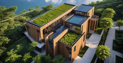 eco-construction,grass roof,eco hotel,cubic house,roof landscape,sky apartment,roof garden,solar cell base,green living,modern house,3d rendering,modern architecture,smart house,timber house,residential,japanese architecture,greenhouse effect,residential house,balcony garden,wooden house,Photography,General,Realistic