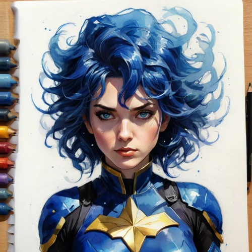 dark blue and gold,xmen,blue hair,sapphire,x-men,blue painting,blue star,blue asterisk,nova,fantasy woman,fantasy portrait,x men,blue heart,head woman,color pencils,watercolor blue,captain marvel,cobalt blue,copic,indigo,Illustration,Paper based,Paper Based 06