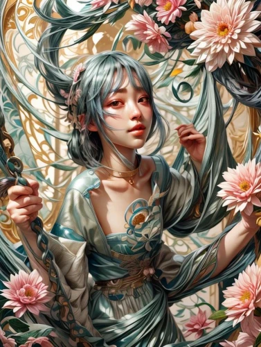 flower fairy,girl in flowers,flora,falling flowers,eglantine,fantasy portrait,girl picking flowers,wreath of flowers,chinese art,chrysanths,girl in a wreath,fallen petals,flower girl,fae,blossoms,flowers celestial,floral japanese,petals,child fairy,japanese art