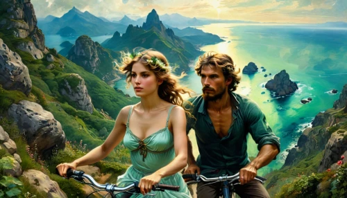 fantasy picture,travel trailer poster,bicycle ride,fantasy art,mountain and sea,bicycling,sci fiction illustration,bicycle riding,heroic fantasy,seafaring,romance novel,lavezzi isles,tandem bicycle,3d fantasy,girl and boy outdoor,caravel,romantic scene,motorcycle tour,mountain bike,sailing ship,Conceptual Art,Fantasy,Fantasy 05