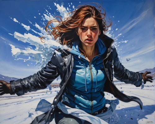 sci fiction illustration,winterblueher,the snow queen,ice queen,woman holding gun,ice skating,heather winter,glory of the snow,ice,exploding head,sprint woman,suit of the snow maiden,woman with ice-cream,oil painting on canvas,female runner,the cold season,girl with gun,cg artwork,painting technique,snow angel,Conceptual Art,Fantasy,Fantasy 15