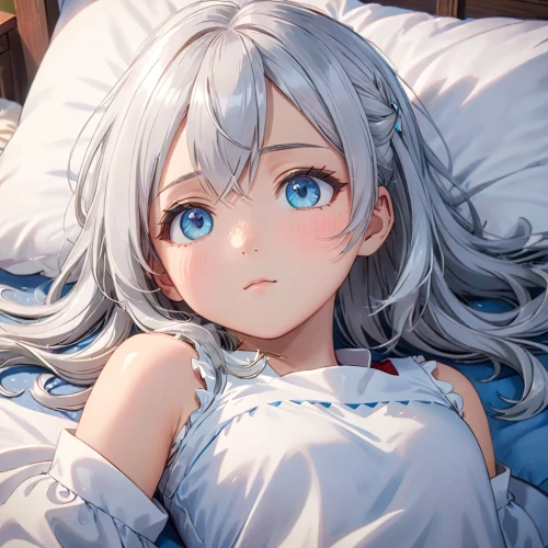 lying down,whitey,heterochromia,white heart,blue pillow,kantai,bed,precious,piko,aqua,pillow,sleeping rose,violet evergarden,awake,would a background,zzz,worried girl,sleeping,ganai,playmat,Anime,Anime,Traditional