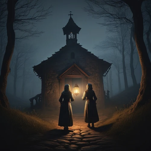 witch house,witch's house,witches,the haunted house,haunted cathedral,wooden church,haunted house,celebration of witches,pilgrims,halloween illustration,dark gothic mood,the witch,house silhouette,halloween and horror,church painting,gothic portrait,halloween scene,monks,night scene,dark art,Illustration,Realistic Fantasy,Realistic Fantasy 17