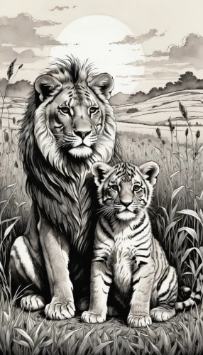 lions couple,lion with cub,two lion,big cats,lionesses,male lions,lion children,lions,lion father,white lion family,tigers,coloring page,serengeti,line art animals,panthera leo,lion white,wild animals,trophy hunting,exotic animals,coloring picture,Illustration,American Style,American Style 11