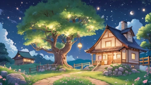 cartoon video game background,witch's house,little house,children's background,fairy village,home landscape,treehouse,house in the forest,lonely house,fairy world,tree house,dandelion hall,studio ghibli,aurora village,dream world,magical adventure,fairy house,landscape background,fairy forest,summer cottage,Illustration,Japanese style,Japanese Style 01