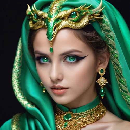 cleopatra,miss circassian,emerald,arabian,lily of the nile,fantasy art,islamic girl,oriental princess,ancient egyptian girl,arab,fantasy portrait,venetian mask,celtic queen,green eyes,priestess,emerald lizard,lily of the desert,gold jewelry,the enchantress,jewellery,Photography,General,Realistic