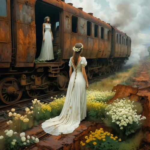wedding dress train,train of thought,oil painting on canvas,way of the roses,oil painting,bride and groom,bridal dress,wedding photo,the girl at the station,dead bride,vintage man and woman,wedding dresses,bridal,white rose on rail,just married,vintage art,the train,bride,wedding gown,photomanipulation,Conceptual Art,Daily,Daily 08