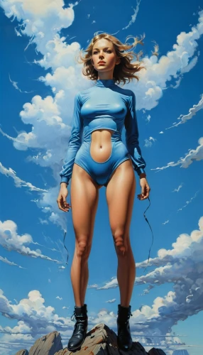 world digital painting,sky,digital painting,high-wire artist,ronda,strong woman,female runner,blue sky clouds,women climber,sci fiction illustration,gigantic,blue sky and clouds,azure,blue background,blue sky,woman strong,jumping rope,blue painting,photoshop manipulation,woman thinking,Conceptual Art,Fantasy,Fantasy 04