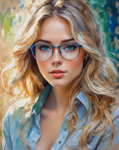 girl portrait,oil painting,romantic portrait,oil painting on canvas,blonde woman,young woman,reading glasses,mystical portrait of a girl,art painting,portrait of a girl,blond girl,fantasy portrait,blonde girl,silver framed glasses,photo painting,artist portrait,italian painter,world digital painting,girl drawing,girl studying,Conceptual Art,Oil color,Oil Color 10