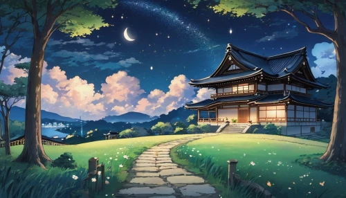 studio ghibli,lonely house,home landscape,witch's house,house silhouette,my neighbor totoro,house in the forest,landscape background,little house,moonlit night,ginkaku-ji,night scene,tsukemono,violet evergarden,cartoon video game background,moon and star background,starry sky,beautiful home,shirakami-sanchi,dream world,Illustration,Japanese style,Japanese Style 04
