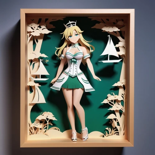 kotobukiya,3d figure,cardboard background,display case,kantai collection sailor,gardenia,christmas figure,model kit,paper art,card box,paper frame,3d model,wooden shelf,paper stand,wood board,game figure,wood art,bookcase,made of wood,low-poly,Unique,Paper Cuts,Paper Cuts 10