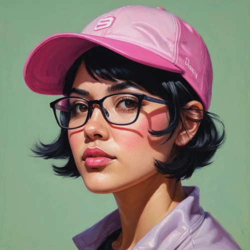 girl wearing hat,girl portrait,golfer,portrait of a girl,pink glasses,retro girl,pink hat,artist portrait,fantasy portrait,baseball cap,digital painting,girl with cereal bowl,pink round frames,retro woman,young woman,librarian,the hat-female,woman portrait,face portrait,retro women,Conceptual Art,Fantasy,Fantasy 15