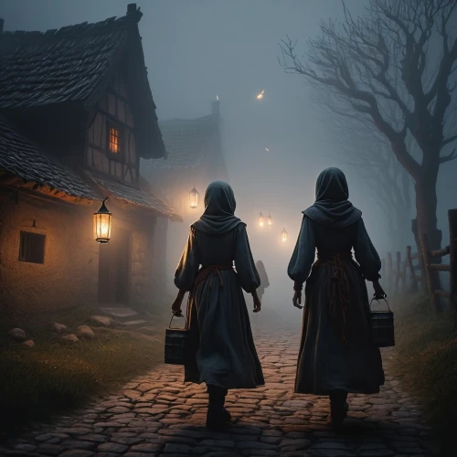 pilgrims,monks,medieval street,assassins,nuns,witches,medieval,witcher,transylvania,pilgrimage,duo,night watch,knight village,bohemia,poland,musketeers,nomads,wizards,shepherds,bremen town musicians,Illustration,Realistic Fantasy,Realistic Fantasy 17