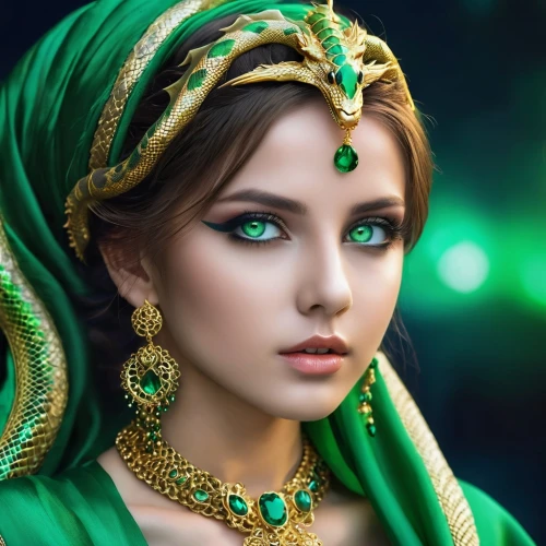 celtic woman,celtic queen,islamic girl,miss circassian,princess anna,emerald,mystical portrait of a girl,arab,ancient egyptian girl,green,cleopatra,priestess,the enchantress,adornments,green eyes,anahata,arabian,indian woman,oriental princess,in green,Photography,General,Realistic