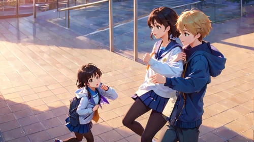 darjeeling,lily family,euphonium,girl and boy outdoor,hands holding,on the roof,kawaii children,bus stop,azusa nakano k-on,outside,violet evergarden,anime 3d,anime cartoon,tsumugi kotobuki k-on,little boy and girl,two girls,reflection,school children,busstop,playing outdoors,Anime,Anime,General