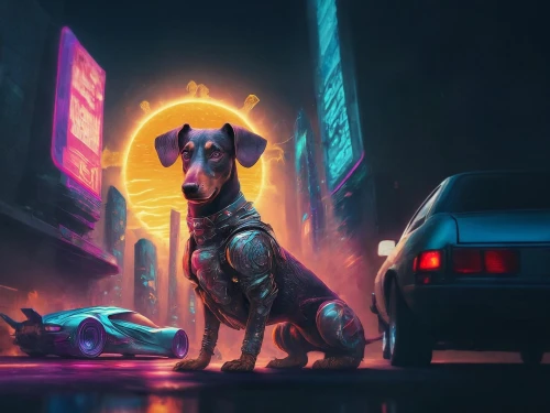 dog illustration,cyberpunk,laika,smaland hound,street dog,stray dog,dog street,posavac hound,police dog,stray dogs,doberman,game art,companion dog,sci fiction illustration,vigilant dog,stray dog on road,rescue alley,game illustration,canine,gsd