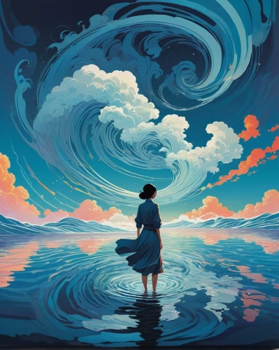 the wind from the sea,ocean,sea,little girl in wind,the endless sea,adrift,world digital painting,exploration of the sea,japanese waves,blue painting,wind wave,ocean background,ripple,the sea,sea landscape,ripples,swirl clouds,tidal wave,panoramical,swirling,Illustration,Vector,Vector 05