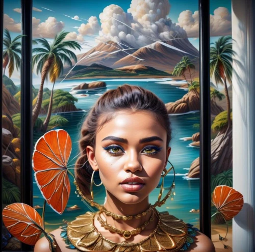 polynesian girl,moana,hawaii,polynesian,tahiti,tropics,maui,hula,aloha,luau,caribbean,fantasy portrait,tropical,tropical bloom,tropical house,fantasy art,tropical sea,hawaiian,oil painting on canvas,girl in a wreath