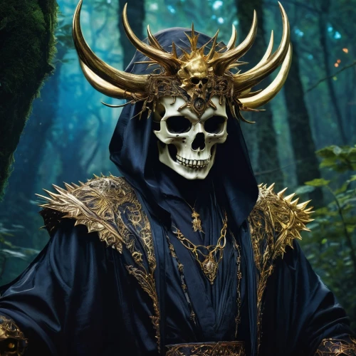 skull with crown,death god,skull mask,dodge warlock,wild emperor,pagan,male mask killer,trioceros,shamanic,the zodiac sign taurus,gold mask,undead warlock,cattle skull,skull bones,skeleltt,skull allover,golden mask,shamanism,grimm reaper,masquerade,Conceptual Art,Fantasy,Fantasy 05