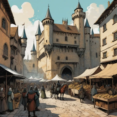 medieval market,medieval street,medieval town,the pied piper of hamelin,medieval architecture,medieval,castle iron market,hamelin,knight village,middle ages,amboise,castleguard,the middle ages,marketplace,knight tent,puy du fou,stalls,caravansary,heroic fantasy,merchant,Illustration,Realistic Fantasy,Realistic Fantasy 23