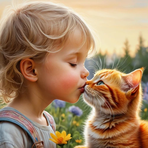 tenderness,first kiss,cat lovers,cat love,affection,red tabby,little boy and girl,sniffing,cute cat,kissing,innocence,kissing babies,boy kisses girl,kiss flowers,children's background,cheek kissing,tender,the sweetness,cute animals,to smell,Illustration,Realistic Fantasy,Realistic Fantasy 31