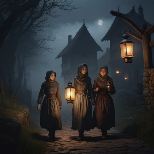 monks,witches,pilgrims,nuns,lanterns,carolers,celebration of witches,witch's house,witch house,carol singers,candlemas,halloween ghosts,lamplighter,halloween illustration,fairy lanterns,nomads,villagers,angel lanterns,travelers,medieval street,Illustration,Realistic Fantasy,Realistic Fantasy 17