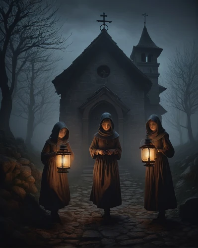 nuns,monks,carol singers,carolers,candlemas,pilgrims,witches,haunted cathedral,all saints' day,benedictine,celebration of witches,santons,angels of the apocalypse,carmelite order,witch house,monastery,pilgrimage,contemporary witnesses,preachers,dark gothic mood,Illustration,Realistic Fantasy,Realistic Fantasy 17