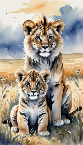 lions couple,lion children,tigers,big cats,tiger cub,lion with cub,male lions,lionesses,two lion,lions,cute animals,cheetahs,watercolor baby items,young tiger,serengeti,watercolor painting,felines,tigerle,asian tiger,wild animals,Illustration,Paper based,Paper Based 25