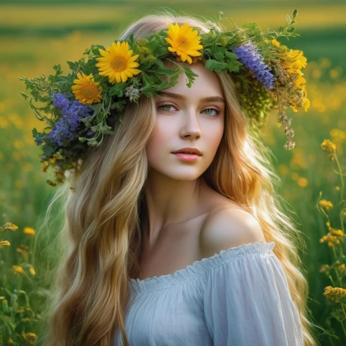 beautiful girl with flowers,girl in flowers,flower crown,spring crown,blooming wreath,wreath of flowers,floral wreath,girl in a wreath,flower crown of christ,flower hat,meadow flowers,flower fairy,flower wreath,faery,wild flowers,wild flower,flower girl,woodland sunflower,elven flower,mystical portrait of a girl,Illustration,Realistic Fantasy,Realistic Fantasy 26
