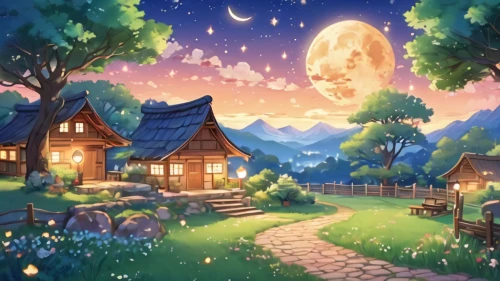 moon and star background,cartoon video game background,aurora village,home landscape,studio ghibli,children's background,landscape background,summer cottage,dream world,fairy village,magical adventure,fairy world,fantasy picture,moonlit night,houses clipart,fantasy landscape,night scene,dandelion hall,background with stones,witch's house,Illustration,Japanese style,Japanese Style 01
