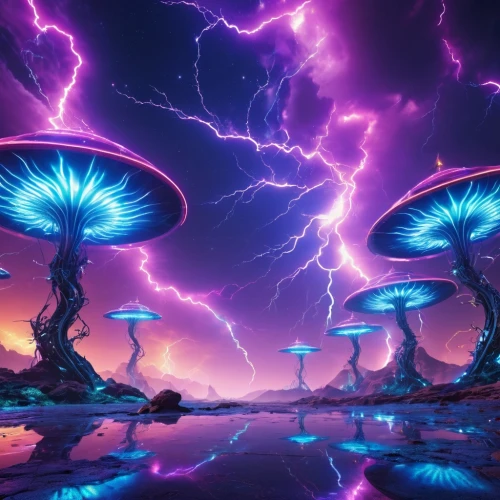 mushroom landscape,alien world,alien planet,mushroom island,futuristic landscape,mushrooms,alien invasion,defense,extraterrestrial life,ufos,valerian,fantasy landscape,purple,science fiction,blue mushroom,fantasy picture,science-fiction,club mushroom,sci fi,agaricaceae,Photography,General,Realistic