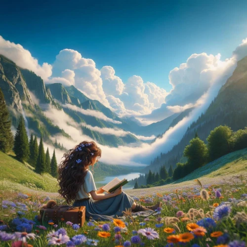 merida,fantasy picture,the valley of flowers,mountain scene,moana,a beautiful day,the spirit of the mountains,above the clouds,world digital painting,mountain meadow,landscape background,fantasy landscape,alpine meadow,girl in flowers,idyllic,mountain world,dream world,fall from the clouds,rapunzel,high alps