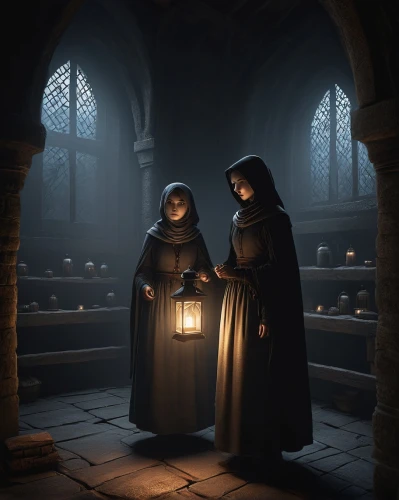 nuns,monks,candlemas,benedictine,carmelite order,gothic portrait,clergy,the nun,candlemaker,pilgrims,candlelights,the annunciation,candlelight,nun,monastery,haunted cathedral,carol singers,contemporary witnesses,witches,eucharist,Illustration,Realistic Fantasy,Realistic Fantasy 17