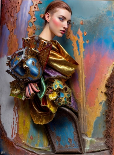 fantasy portrait,fantasy art,violin woman,painter doll,fantasy woman,painted lady,joan of arc,bodypainting,mystical portrait of a girl,girl with a wheel,decorative figure,blue enchantress,world digital painting,meticulous painting,metalsmith,the enchantress,fantasy picture,sculptor,body painting,murano