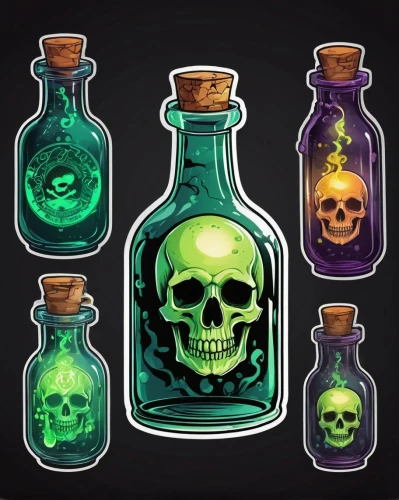 poison bottle,potions,drink icons,bottles,day of the dead icons,glass bottles,gas bottles,skulls,poisonous,skulls bones,halloween icons,vials,skulls and,tequila bottle,poison,glass items,glass containers,potion,flasks,the bottle,Unique,Design,Sticker