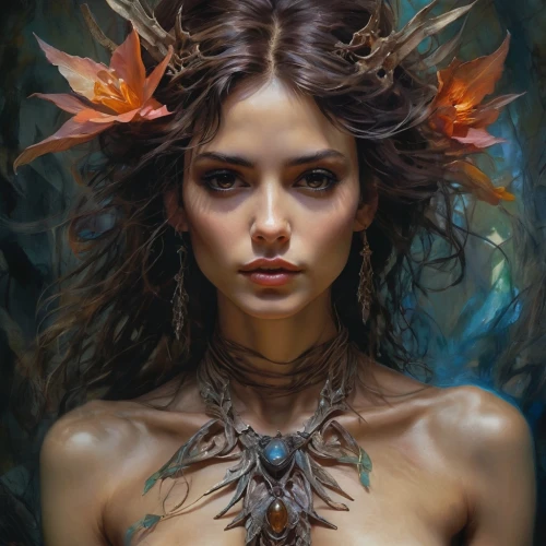 faerie,faery,fantasy portrait,dryad,fantasy art,polynesian girl,mystical portrait of a girl,elven flower,boho art,the enchantress,girl in a wreath,flower fairy,fairy queen,crown-of-thorns,feather headdress,headdress,fae,polynesian,tiger lily,fantasy woman,Photography,Fashion Photography,Fashion Photography 01