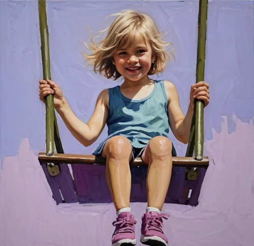 child portrait,little girl in wind,child's frame,hanging swing,wooden swing,girl with a wheel,swing set,photo painting,swinging,trampolining--equipment and supplies,child in park,flying girl,oil painting,oil painting on canvas,children's ride,golden swing,girl sitting,girl in a long,girl portrait,kids illustration