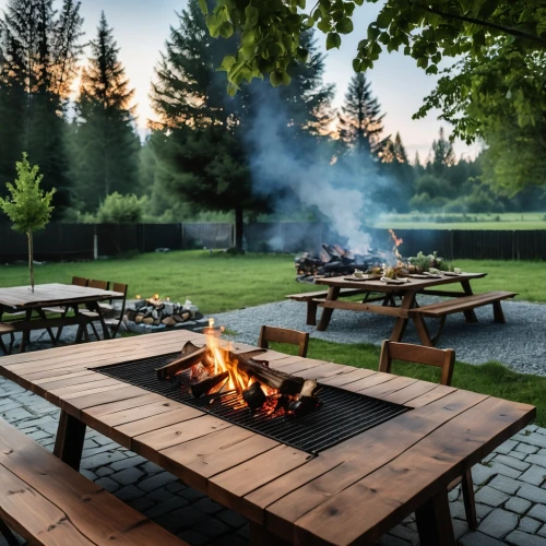 fire pit,barbecue area,outdoor grill,firepit,outdoor table,outdoor furniture,outdoor dining,outdoor cooking,outdoor table and chairs,landscape lighting,barbecue torches,patio furniture,outdoor recreation,garden furniture,wooden decking,barbecue,campfire,landscape designers sydney,backyard,fire bowl,Photography,General,Realistic