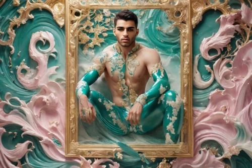 merman,merfolk,poseidon,mermaid background,turquoise,bodypainting,color turquoise,rococo,genuine turquoise,photomanipulation,magic mirror,sea god,photo manipulation,bodypaint,porcelain,pisces,fantasy portrait,fantasy art,art soap,photoshop manipulation,Photography,Natural