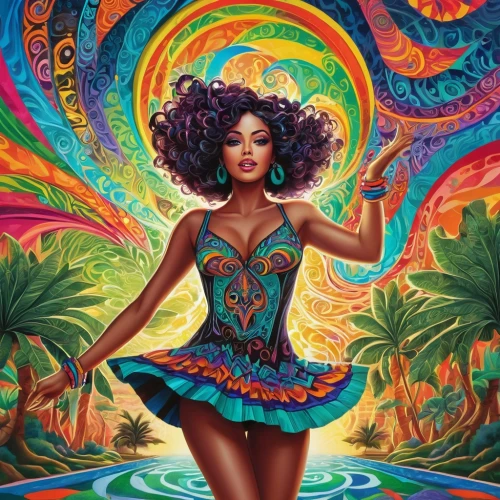 hula,african american woman,chaka,afroamerican,moana,afro-american,african woman,luau,psychedelic art,boho art,aquarius,fantasia,santana,fairy peacock,maria bayo,samba,disco,aloha,fabulous,colorful tree of life,Illustration,Realistic Fantasy,Realistic Fantasy 39