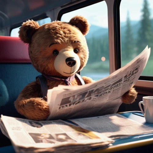 reading the newspaper,newspaper reading,blonde sits and reads the newspaper,newspapers,cute bear,3d teddy,read newspaper,teddy bear waiting,reading newspapaer,blonde woman reading a newspaper,train ride,scandia bear,teddy-bear,bear teddy,daily newspaper,train compartment,bear market,people reading newspaper,newspaper,newspaper advertisements,Illustration,Realistic Fantasy,Realistic Fantasy 37