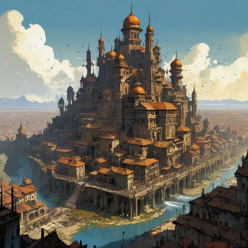 ancient city,fantasy city,gold castle,citadel,new castle,water castle,mountain settlement,medieval town,floating island,ancient buildings,destroyed city,medina,peter-pavel's fortress,airships,castle iron market,skyscraper town,castle of the corvin,floating islands,medieval architecture,artificial island,Conceptual Art,Sci-Fi,Sci-Fi 01