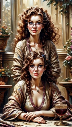 mirror image,two girls,reading glasses,gothic portrait,young women,optical ilusion,stepmother,joint dolls,mother and daughter,the three graces,porcelain dolls,women's novels,witches,fractals art,celtic woman,emile vernon,mom and daughter,mahogany family,redheads,young couple