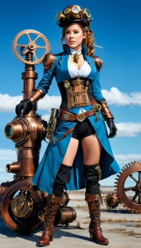 steampunk,steampunk gears,the sea maid,sea fantasy,wind powered water pump,wind warrior,blue enchantress,seafarer,seafaring,girl with a wheel,clockmaker,female doll,lindsey stirling,water pump,bagpipe,wind engine,bagpipes,wind-up toy,kantai collection sailor,naval officer,Conceptual Art,Fantasy,Fantasy 25