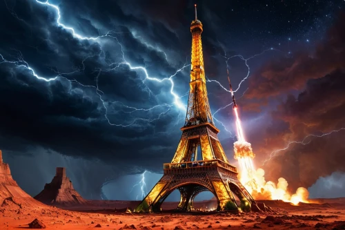 french digital background,armageddon,apocalyptic,the eiffel tower,end of the world,the end of the world,photo manipulation,post-apocalyptic landscape,nature's wrath,universal exhibition of paris,fantasy picture,france,apocalypse,paris,rain of fire,thunderstorm,the storm of the invasion,eiffel tower,lightning storm,trocadero,Conceptual Art,Sci-Fi,Sci-Fi 05