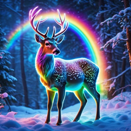 glowing antlers,rainbow background,rainbow unicorn,raindeer,christmas deer,winter deer,unicorn and rainbow,reindeer,reindeer from santa claus,reindeer polar,christmas banner,unicorn background,rainbow pencil background,rudolph,christmas snowy background,manchurian stag,christmasbackground,rainbow tags,santa claus with reindeer,rudolf,Photography,General,Realistic